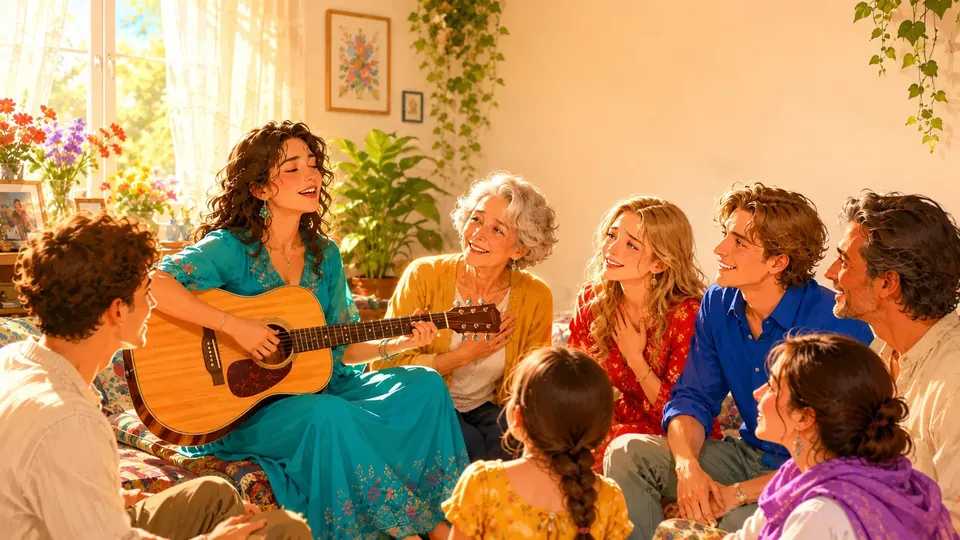 A singer with a guitar and a circle of listeners in vivid colors, moved together by one song